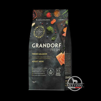 Grandorf Сухий беззерновий корм для дорослих собак малих порід Grandorf FRESH SALMON & SWEET POTATO ADULT DOG MINI з лососем та бататом, 1 кг 93901; 93903 фото