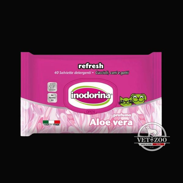 Inodorina Refresh Aloe vera вологі серветки з алоє вера для собак та котів, 40 шт 230.0030.002 фото