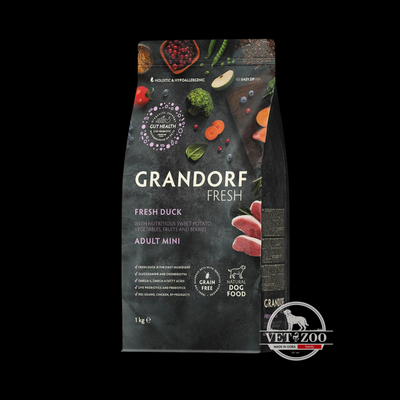 Grandorf Сухий беззерновий корм для дорослих собак малих порід Grandorf FRESH DUCK & SWEET POTATO ADULT DOG MINI з качкою та бататом, 1 кг 93401; 93403 фото