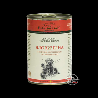 Hubertus Gold. Яловичина з яблуом, пастернаком та лляною олією. Корм для цуценят 400г 21445 фото