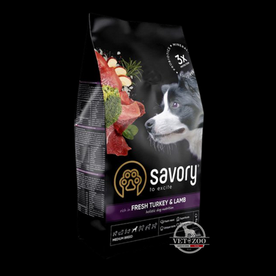 Сухий корм Savory для собак середніх порід зі свіжим м&rsquo;ясом індички і ягняти 3кг 30259; 30266 фото
