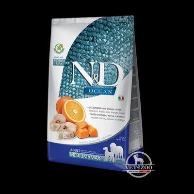 Farmina N&D Low Grain Ocean Adult Medium & Maxi Cухий корм з тріскою та апельсином для дорослих собак середніх і великих порід 2.5кг 169957 фото