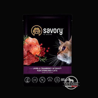 Savory для стерилізованих котів, ягня з журавлиною у соусі, пауч, 85 г 20093 фото